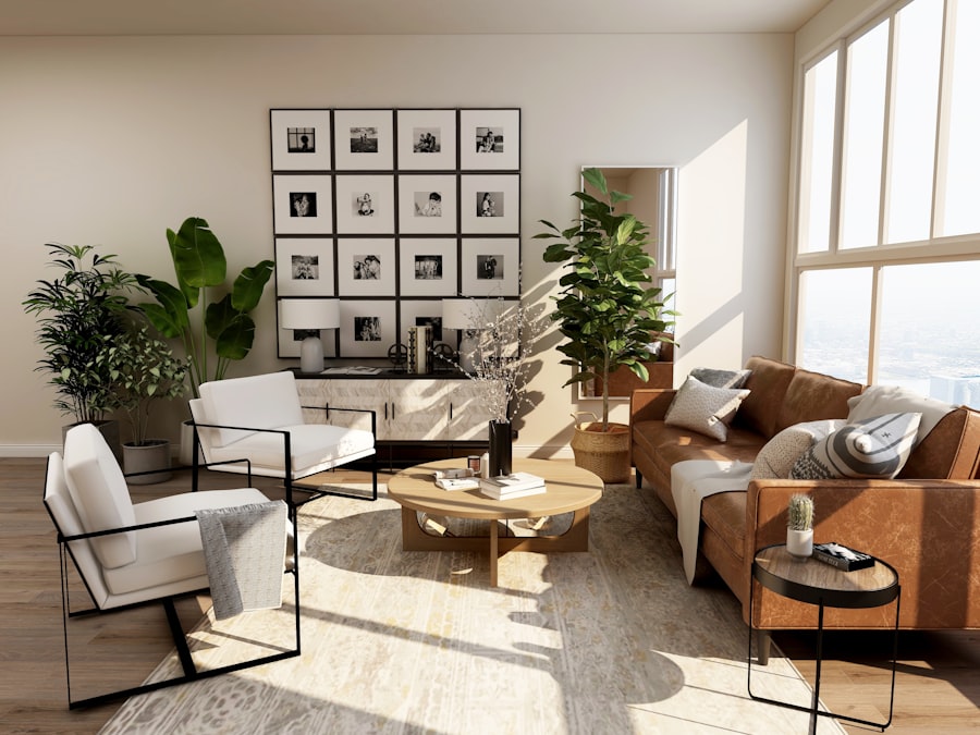 Bright living room with newly installed wood style flooring