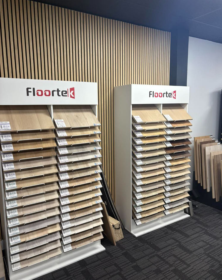 Flooring sample displays inside the renovated Sooke store