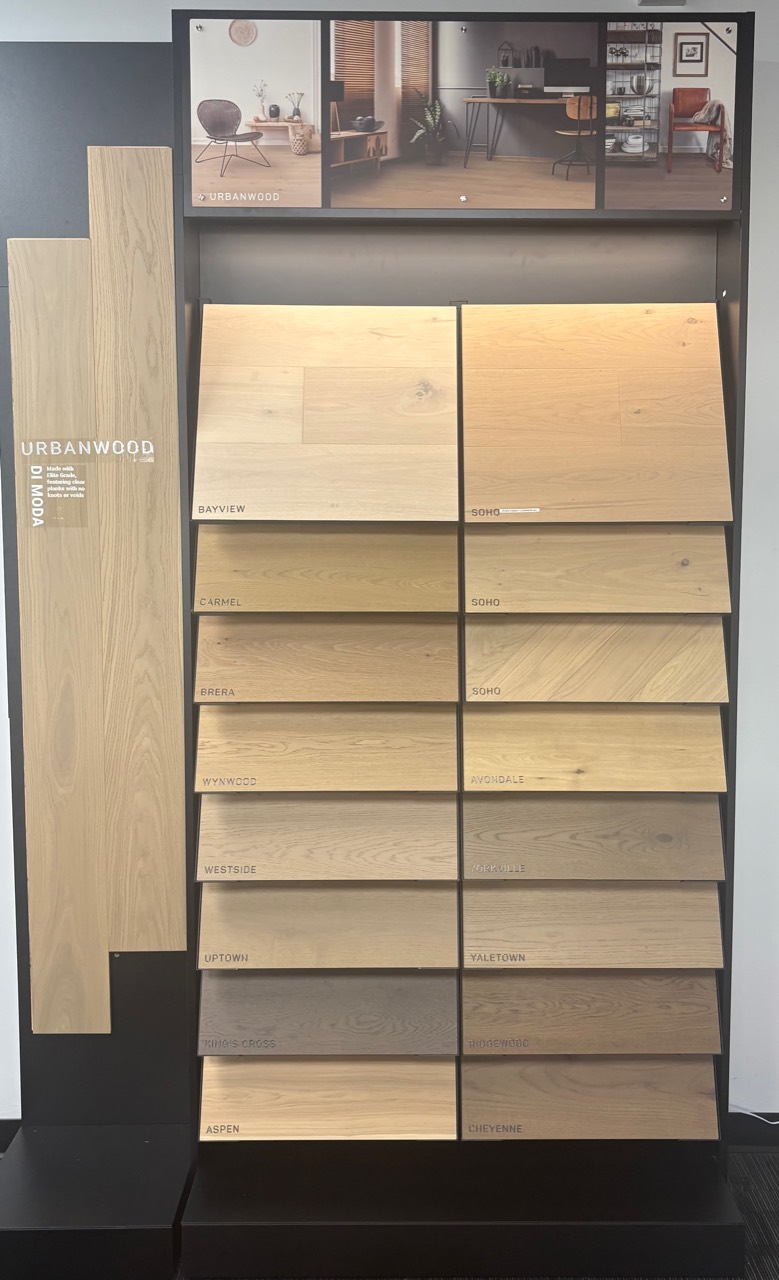Urbanwood flooring sample display inside the Sooke store